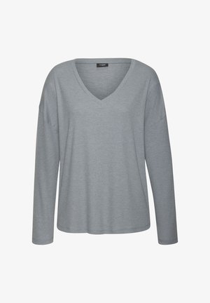 Lichtgrijs langmouw V-hals shirt met een geribbeld textuur en een losse pasvorm. Kenmerkt zich door verlaagde schouders en een rechte zoom.