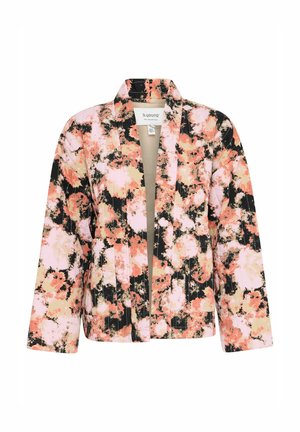 Blazer con motivo floreale in un design nero, pesca e rosa. Presenta un collo senza bavero e una silhouette dritta. Tessuto leggero.