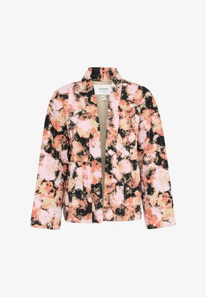 Damen offene Jacke mit einem abstrakten Blumenmuster in Rosa, Schwarz, Beige und Koralle sowie langen Ärmeln.