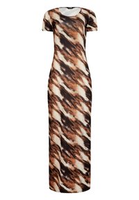 Robe maxi en tissu avec un motif abstrait marron et crème. Présente un col rond et des manches courtes. Texture lisse, forme ajustée.