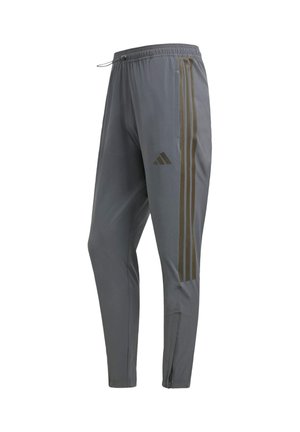 Szare sportowe spodnie z elastycznym pasem, z trzema kontrastującymi ciemnymi paskami po bokach i zamkiem przy kostce.
