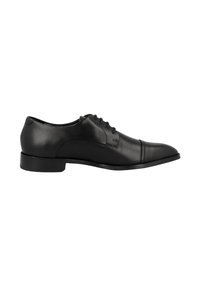 Scarpa da uomo in pelle nera con un design elegante, punta affusolata, dettagli di cucitura discreti e tacco basso. Suola piatta con una finitura liscia.