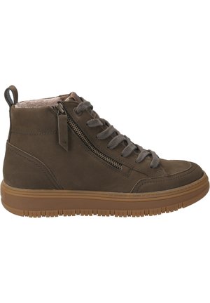 Brown leather high-top sneaker with a textured finish, featuring gray laces, a side zipper, and a rubber sole with a pronounced tread.