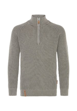 Grå strikket pullover med half-zip front, ribbede manchetter og kant samt en læderzippertræk.