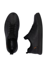 Schwarze Leder-Schuhe mit rundem Zehenbereich, Schnürdesign und elastischen Akzenten. Verfügt über eine Gummisohle und gestickte Details in Orange.