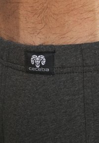 Grijze katoenen tailleband met een zwart label met een wit schapenlogo. De stof is glad met een lichte textuur en minimale stikdetails.
