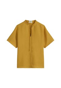 Mustard yellow short-sleeve linen top with a high neckline and keyhole opening, featuring a relaxed fit and subtle texture.