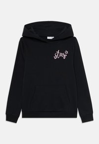 Juodas gobtuvas su priekiu kišene, raukšlėmis apnašomis ir rožiniu siuvinėtu "žvaigžde" dizainu bei žvaigždės akcentu ant krūtinės.