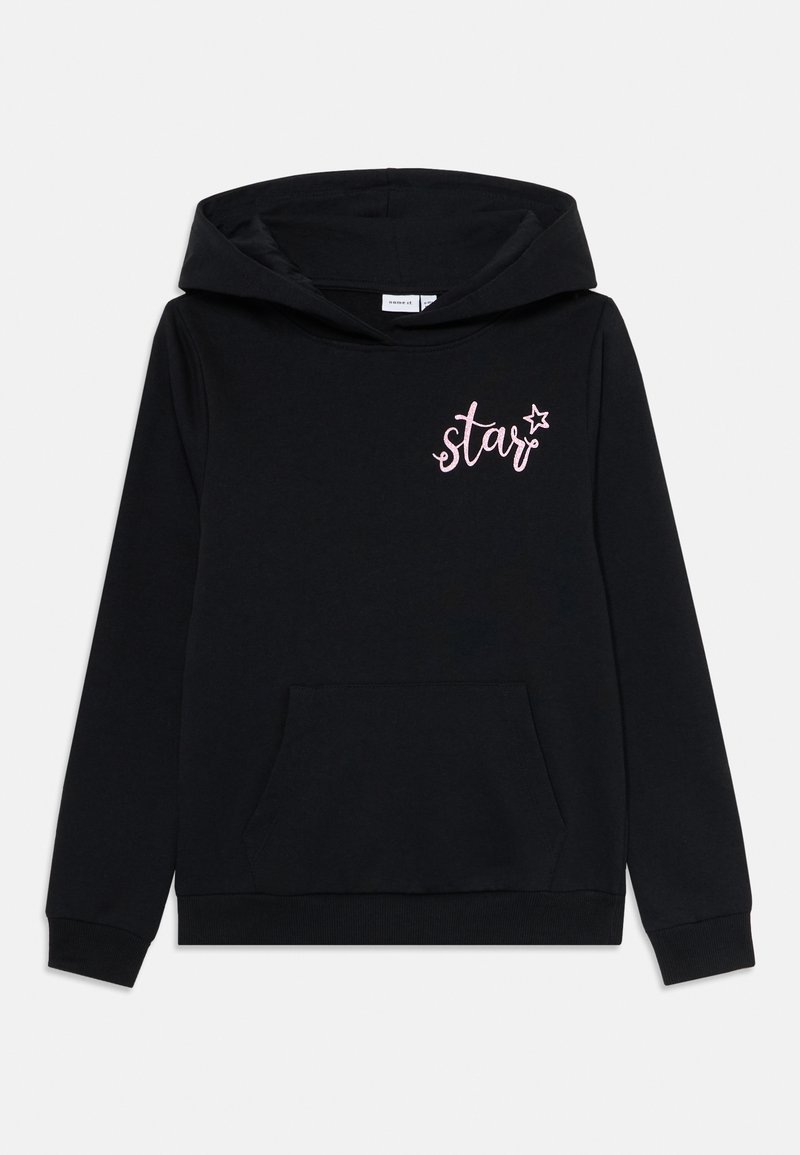 Juodas gobtuvas su priekiu kišene, raukšlėmis apnašomis ir rožiniu siuvinėtu "žvaigžde" dizainu bei žvaigždės akcentu ant krūtinės.