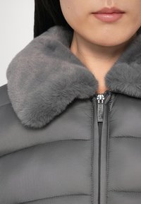 Hall halliselt polsterdatud jope, mis on kaunistatud pehme halli karusnahkraega, sileda kangapinnaga ning varustatud täispika eesvise ja kaubamärgiga tõmblukuga.