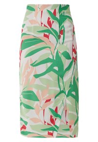Kleurige bloemenlijfrok met een witte basis, groene bladeren en accenten in rood en perzik. Gemaakt van een zachte stof met een aansluitend ontwerp.
