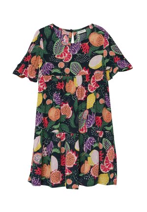 Sukienka z krótkim rękawem, sięgająca ponad kolano, z kolorowym tropikalnym wzorem owoców i liści na ciemnym tle, z dekoltem z wycięciem i zapięciem na guzik.