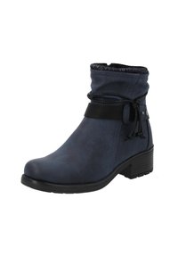 Donkerblauwe enkellaars gemaakt van synthetisch materiaal, met een gestructureerde afwerking, slouchy ontwerp, zwarte banddetails en blokhak.