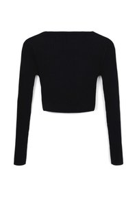 Schwarzes, geripptes Crop-Top mit langen Ärmeln, das über einen runden Halsausschnitt und einen strukturierten Stoff verfügt. Das Design ist figurbetont und einfach ohne Verzierungen.