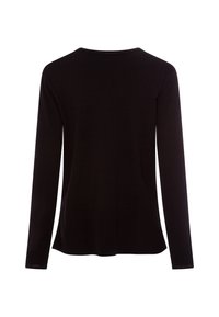 Schwarzer Langarmpullover mit Rundhals, gerippten Bündchen und subtiler Textur. Verfügt über eine glatte Oberfläche und einen lockeren Schnitt am Saum.