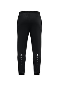 Zwarte sportbroek met een elastische tailleband, zijzakken en reflecterende accenten langs de onderbenen en het logo nabij de tailleband.
