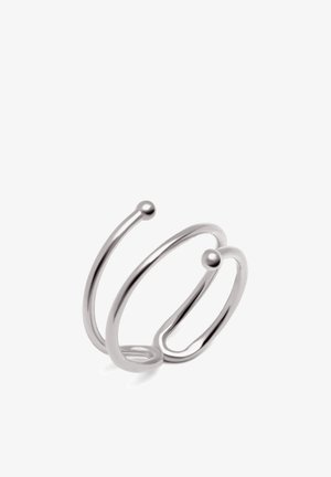Anneau en métal argenté ajustable ouvert aux extrémités avec deux boules rondes, design en spirale, sur fond blanc.