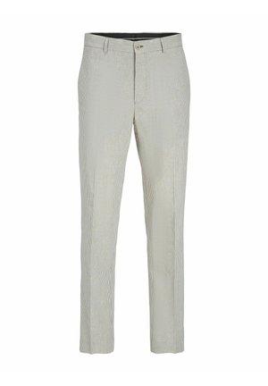 Lichtbeige broeken met een klein ruitpatroon, recht gesneden ontwerp, riemlussen en een enkele knoopsluiting. Soepele textuur.