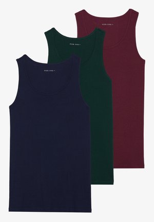 Three tank tops in navy, green, and burgundy. Made of ribbed fabric, they feature a rounded neckline and no sleeves.