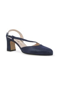 Décolleté slingback in suede blu navy con punta tonda, cinturino regolabile e tacco a blocco moderato. Texture liscia con finitura opaca.