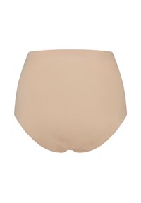 Mutande a vita alta color carne con texture liscia, design senza cuciture e forma arrotondata, che offrono una copertura completa e comfort.
