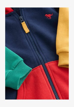 Krāsu blokos sadalīts zip-up džemperis ar tumši zilu korpusu, sarkanu apakšdaļu, zaļām un dzeltenām piedurknēm. Iespējamie teksturēti aproces un neliels izšūts dizains.