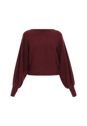 Bordeauxfarbener Strickpullover mit cropped Design, weiten Ballonärmel und geripptem Textur. Keine sichtbaren Verschlüsse oder Muster.