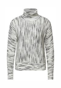 Chunky gebreide coltrui in wit en zwart, met een textuurpatroon, lange mouwen en geribbelde boorden en zoom.