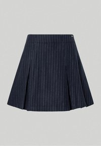 Jupe plissée bleu marine avec fines rayures verticales blanches, silhouette en A et détail à la taille sur fond gris uni.