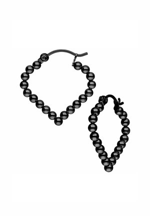 Black bead earrings feature a circular hoop design and a smaller, oval-shaped version. The beads are smooth and evenly sized.