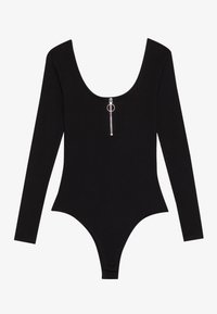 Zwarte longsleeve bodysuit met een diepe ronde halslijn en een ritsdetail aan de voorkant met een zilveren trekker. Glad materiaal met een aansluitend ontwerp.