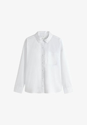 Chemise blanche à manches longues en coton, avec un col boutonné, une poche à l'avant et une coupe décontractée. Texture lisse sans motifs.