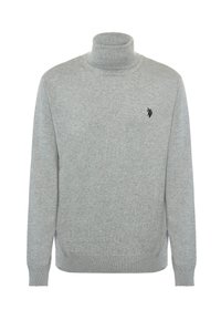 Maglione grigio a collo alto realizzato in materiale morbido, con un design aderente, maniche lunghe e un piccolo logo nero sul petto.