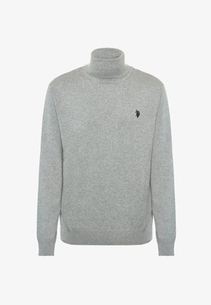 Maglione grigio a collo alto realizzato in materiale morbido, con un design aderente, maniche lunghe e un piccolo logo nero sul petto.