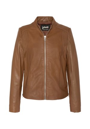 Brun læderjakke med frontlynlås, ståkrave, perforerede detaljer på forstykker og lange ærmer.