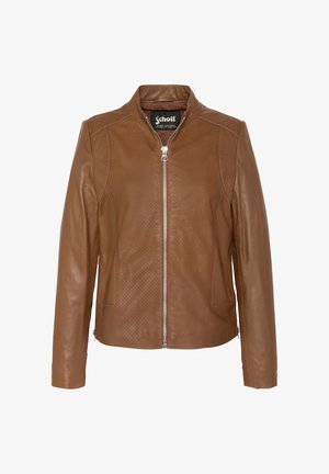 Veste en cuir marron avec fermeture éclair à l'avant, col montant, détails perforés sur les panneaux avant et manches longues.