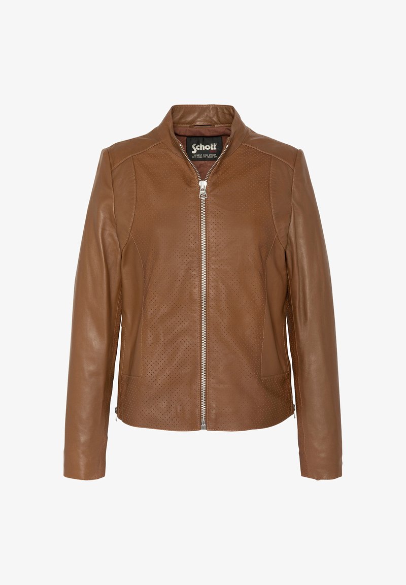 Veste en cuir marron avec fermeture éclair à l'avant, col montant, détails perforés sur les panneaux avant et manches longues.