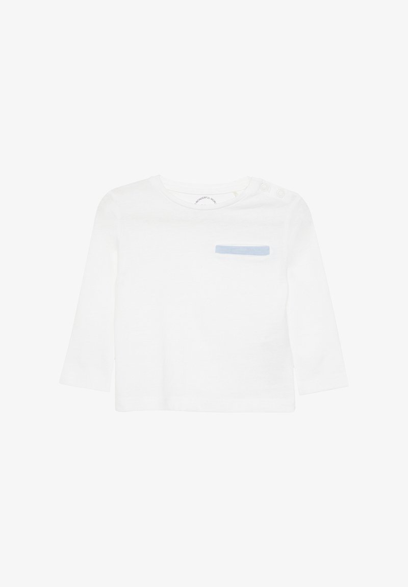 Witte lange mouwen shirt gemaakt van zachte katoen. Bevat een lichtblauwe rechthoekige zakaccent op de linkerkant van de borst en drukknopen op de schouder.