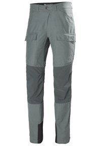 Šedé venkovní kalhoty s cargo kapsami, odolnou texturou, kontrastními tmavými akcenty a přiléhavým střihem pro aktivní nošení.