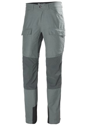 Szare spodnie zewnętrzne z kieszeniami cargo, wytrzymałą teksturą, kontrastowymi ciemnymi akcentami i dopasowanym krojem, idealne do aktywności.
