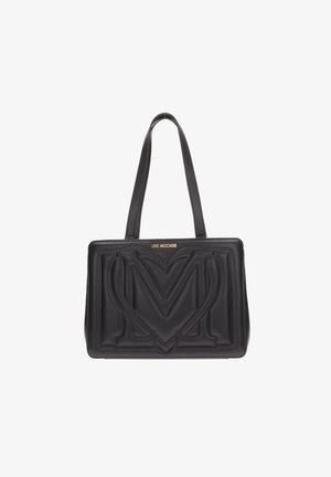 Borsa tote in pelle nera con logo "M" impresso, doppi manici piatti e una forma rettangolare strutturata. Texture liscia, design elegante.