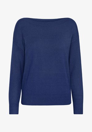 Suéter de punto azul con un diseño de hombros al descubierto, hombros caídos, puños acanalados y dobladillo. Textura suave; tela de peso medio.