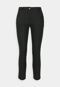 Black pinstriped trousers with a slim fit. Features a button closure, contrasting vertical stripes, and side pockets. Made of textured fabric.