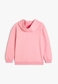 Sudadera rosa con capucha, puños y dobladillo acanalados. Fabricada en un material suave, con una textura simple y lisa y sin patrones visibles.