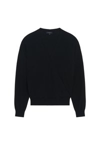 Zwarte wikkeltrui van zacht materiaal, met een diepe V-hals, lange mouwen en een aangesloten tailleband. Eenvoudig, strak ontwerp zonder patronen.