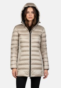 Lichtbeige gewatteerd jasje met capuchon, voorzien van een ritssluiting aan de voorkant, een doorgestikt ontwerp en een gestructureerde stof met een glanzende afwerking.