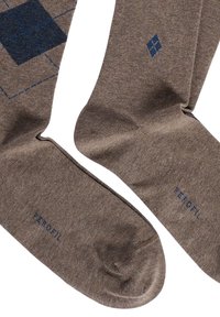 Calze marroni realizzate in tessuto morbido, con un motivo argyle blu e un logo blu. Progettate con una superficie liscia e una vestibilità confortevole.