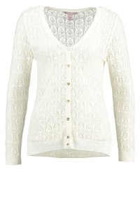 Cárdigan blanco de punto con mangas largas, escote en V y botones frontales, que presenta un delicado patrón de encaje en toda su superficie.