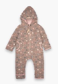 Brun prikkete onepiece med hette, med glidelås og side lommer. Utsmykket med rosa kant og myk tekstur.