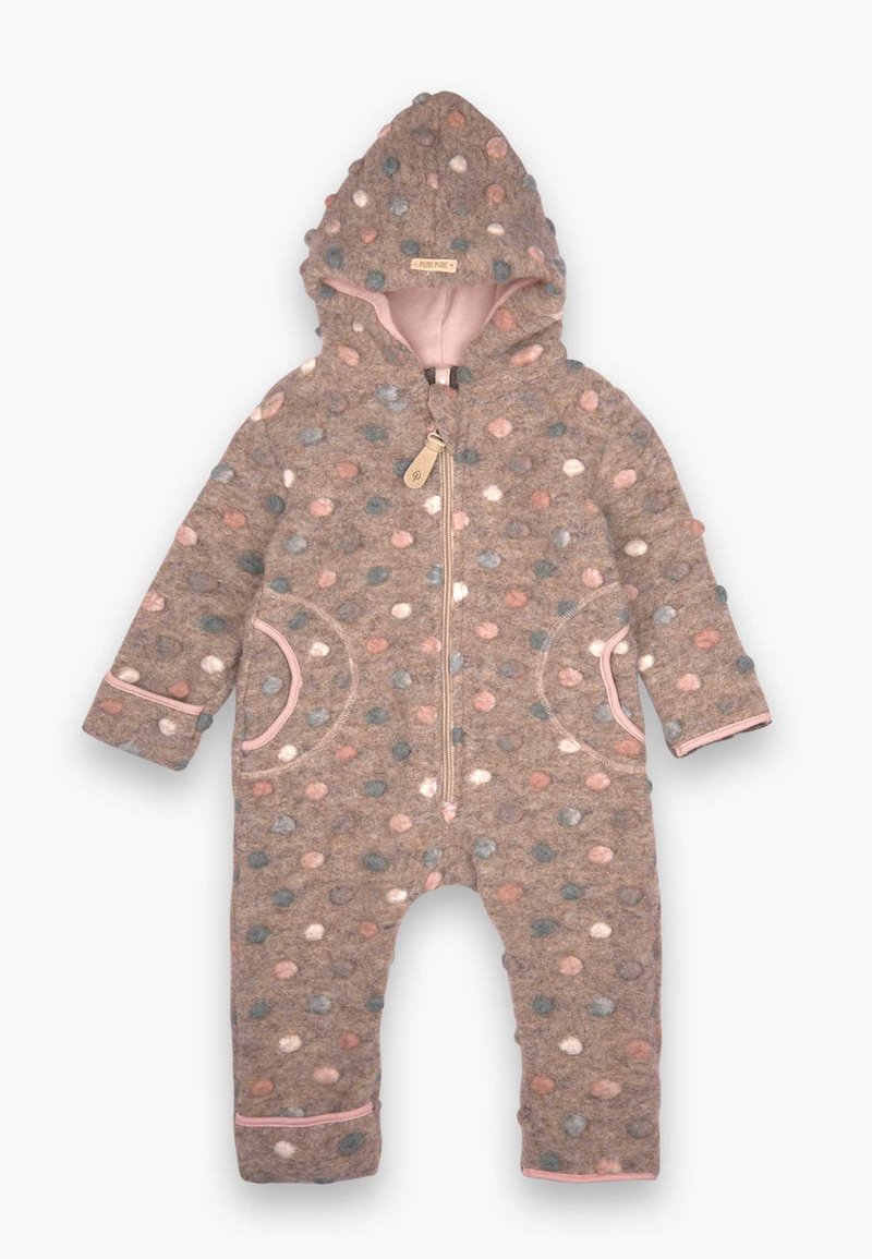 Brun prikkete onepiece med hette, med glidelås og side lommer. Utsmykket med rosa kant og myk tekstur.